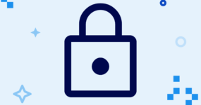 Square image showing black padlock outline on light blue digital background