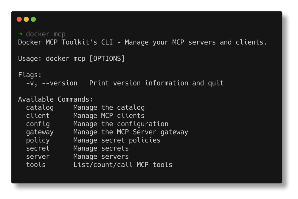 Docker MCP CLI commands Screenshot of the available Docker MCP CLI commands, including catalog, client, config, and more.