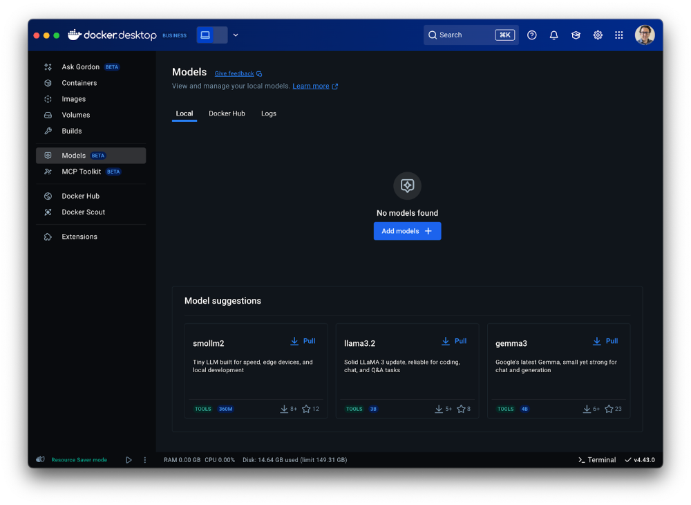 Access a set of models of various sizes to get quickly started in Models menu of Docker Desktop Screenshot of the Models menu within Docker Desktop, along with suggested models.