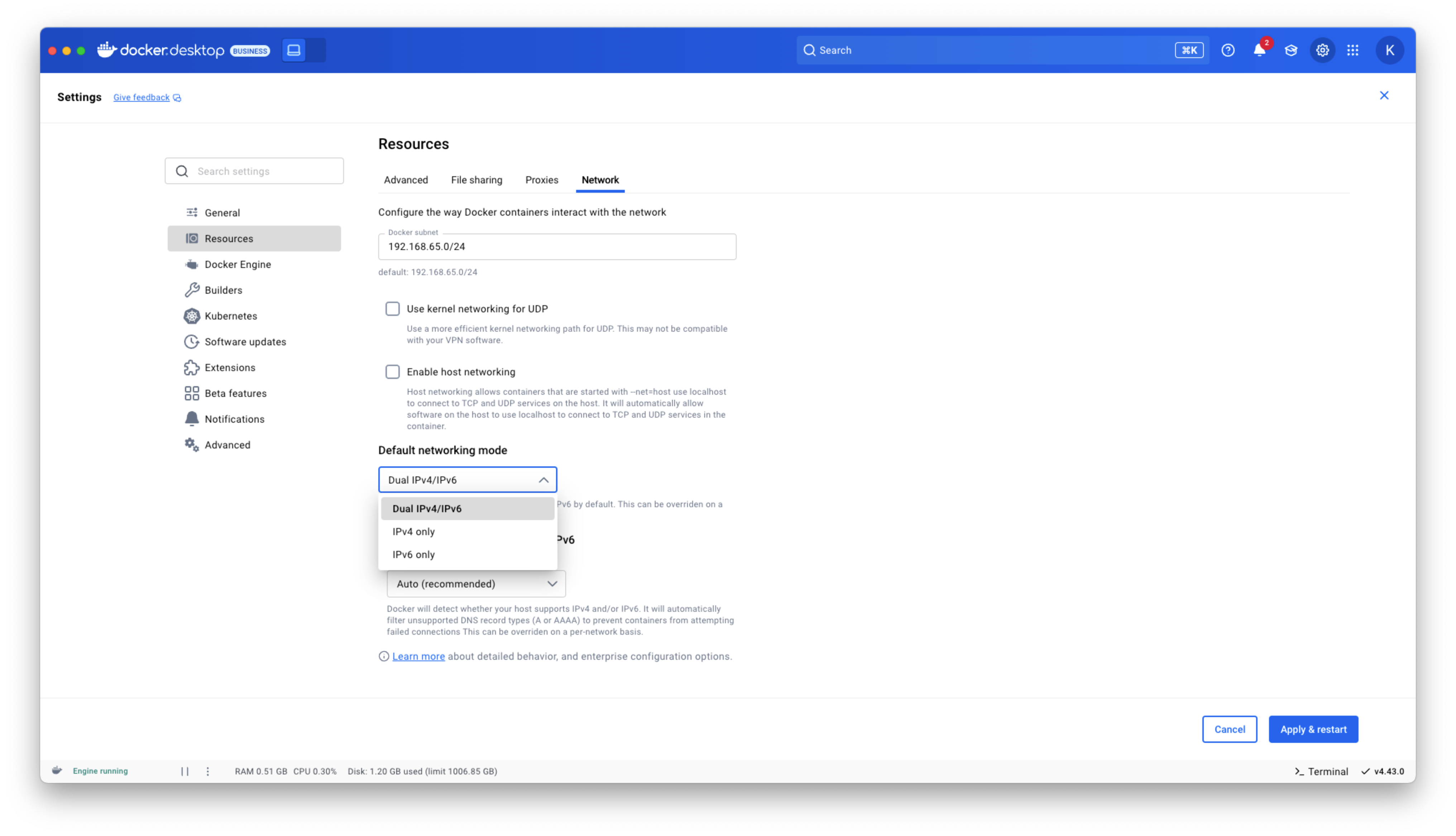 Docker Desktop IPv6 settings Screenshot of Docker Desktop IPv6 settings