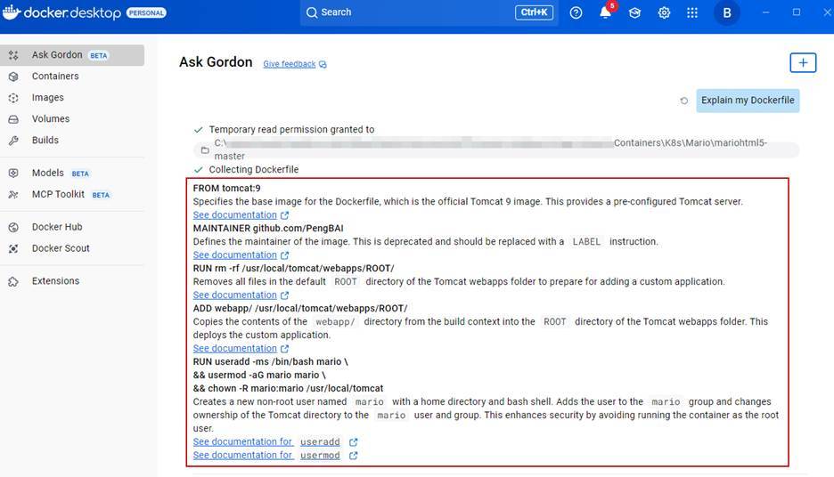 Gordon displaying analysis of Dockerfile structure.