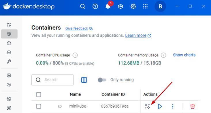 Docker Desktop interface showing the AI icon for Gordon.