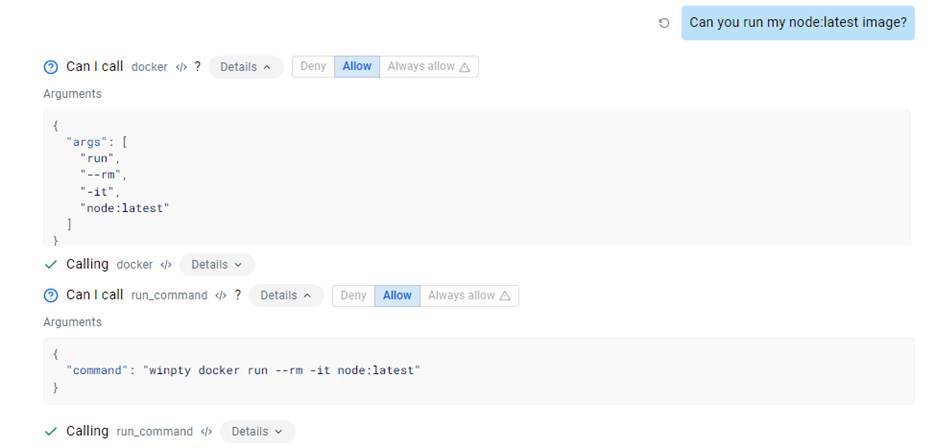 Gordon interface with user asking to run a container image.