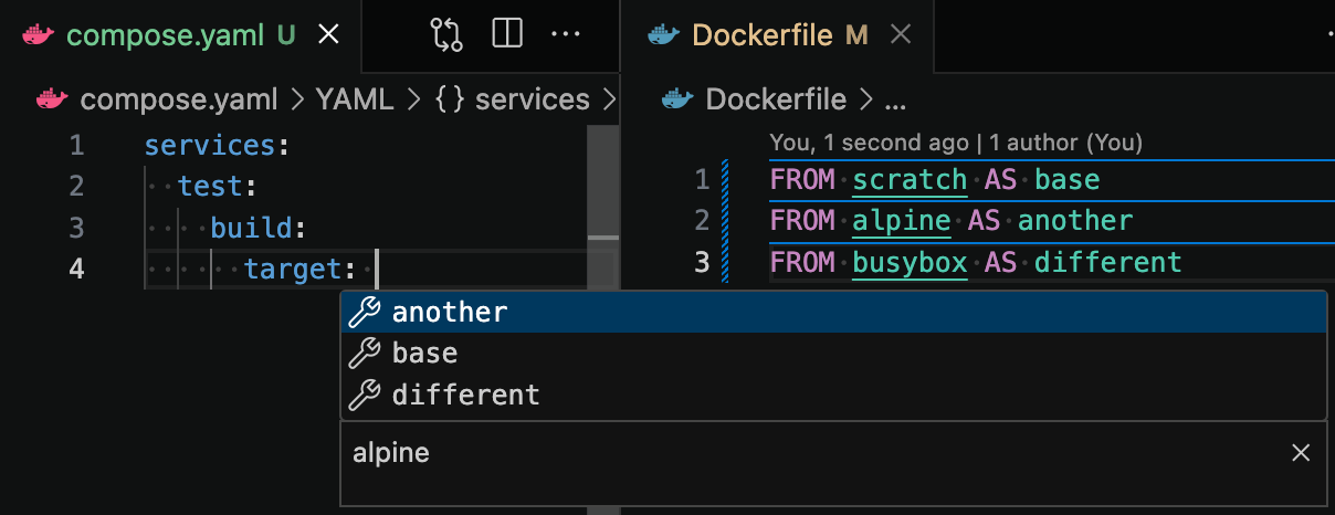 Code completion window with relevant suggestions inferred from a Dockerfile for the currently edited Compose file.