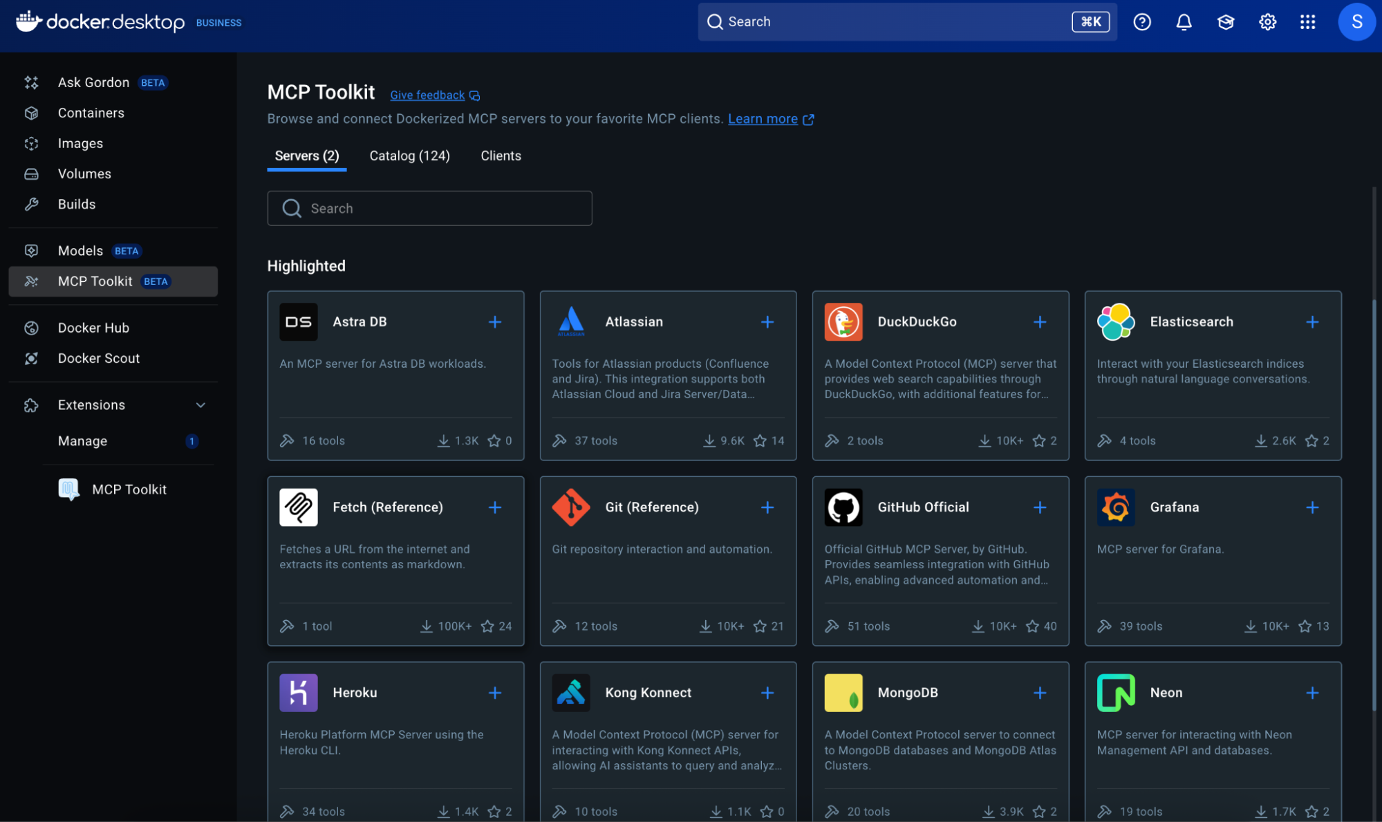 - image2 Screenshot of Docker Desktop showing integrated MCP Toolkit with server discovery and one-click connection options.