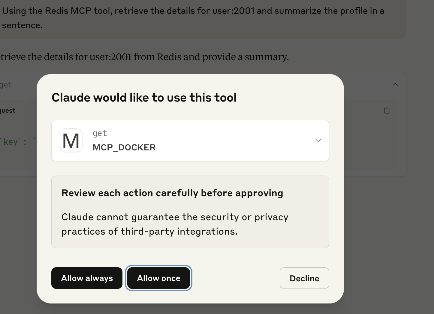 - image6 Screenshot of Claude requesting permission to use Docker MCP, with options to decline, allow once, and always allow.