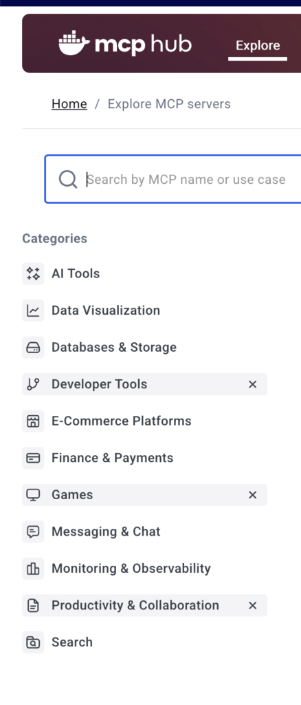 Screenshot of use case categories for MCP Servers on Docker Hub, including AI Tools, Data Visualization, Databases & Storage, and more.