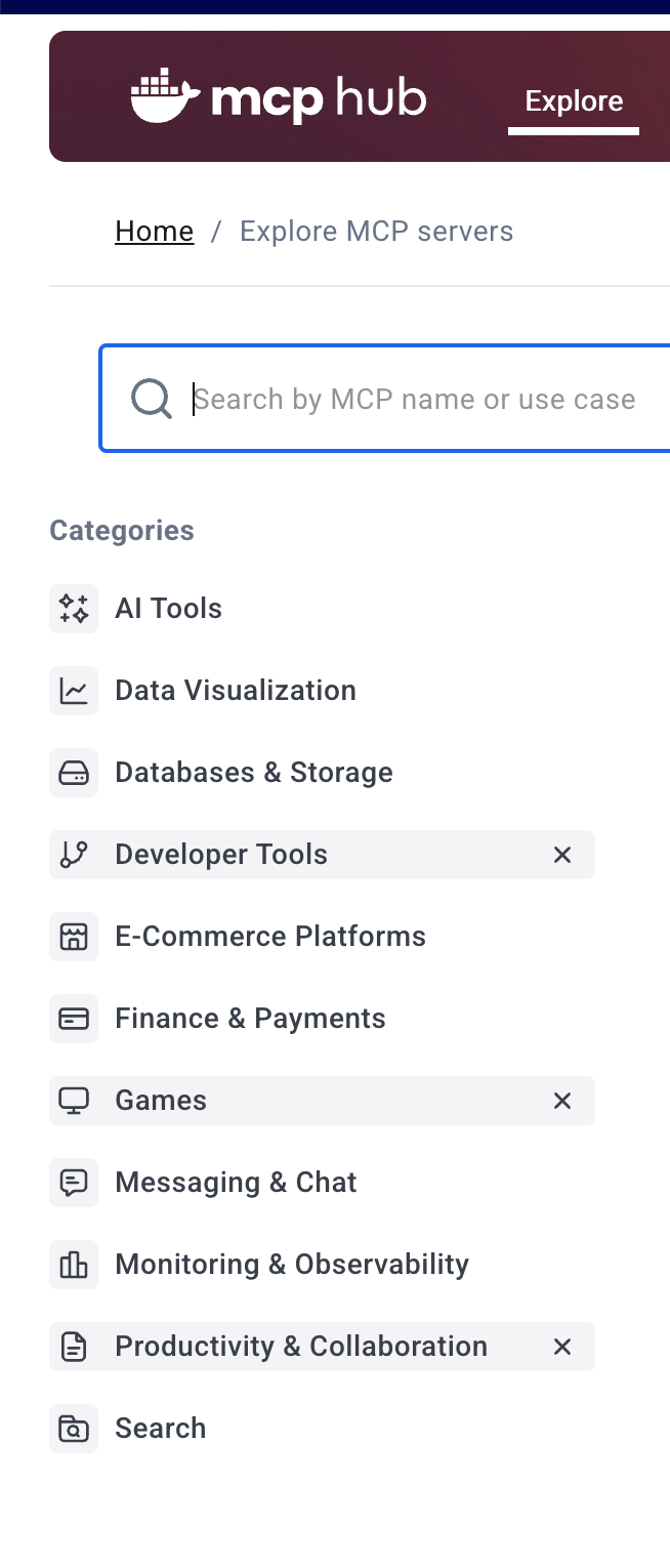 - image7 1 Screenshot of use case categories for MCP Servers on Docker Hub, including AI Tools, Data Visualization, Databases & Storage, and more.