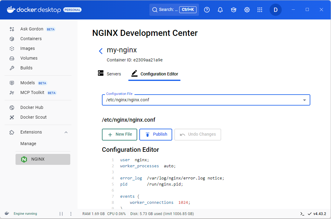 Docker Desktop screenshot showing configuration management within the NGINX Development Center