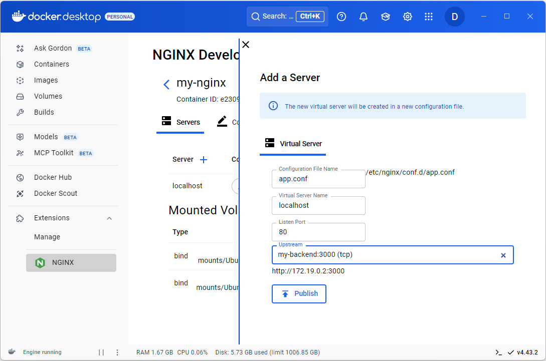 Docker Desktop screenshot showing server config editing via the Docker Desktop UI