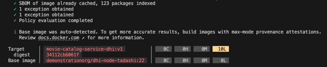 Docker Scout cli quickview output for dhi-node:22 based movie-catalog-service image