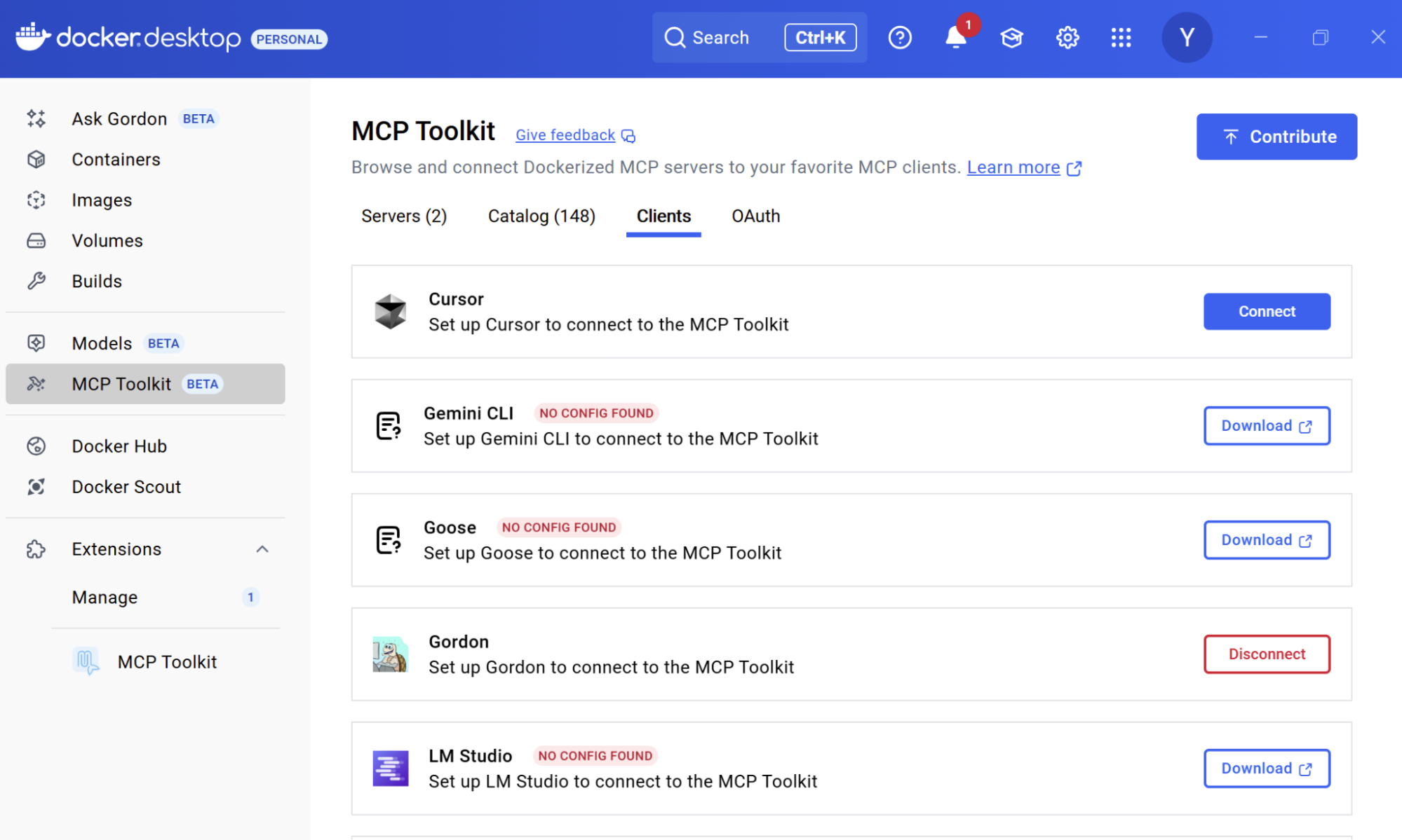 MCP Toolkit interface inside Docker Desktop, with Gemini CLI and Goose as downloadable MCP clients.