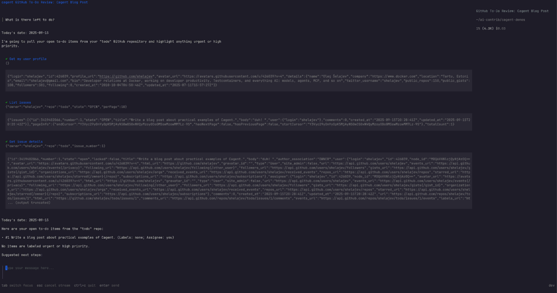 cagent session creating a to-do agent; prompt engineering leads to a YAML config for a GitHub Issue Manager.