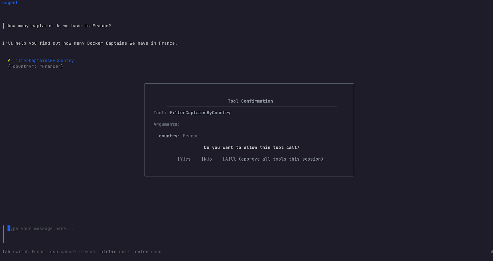 Advocu agent in cagent querying Docker Captains by country; tool call confirmation dialog visible in terminal.