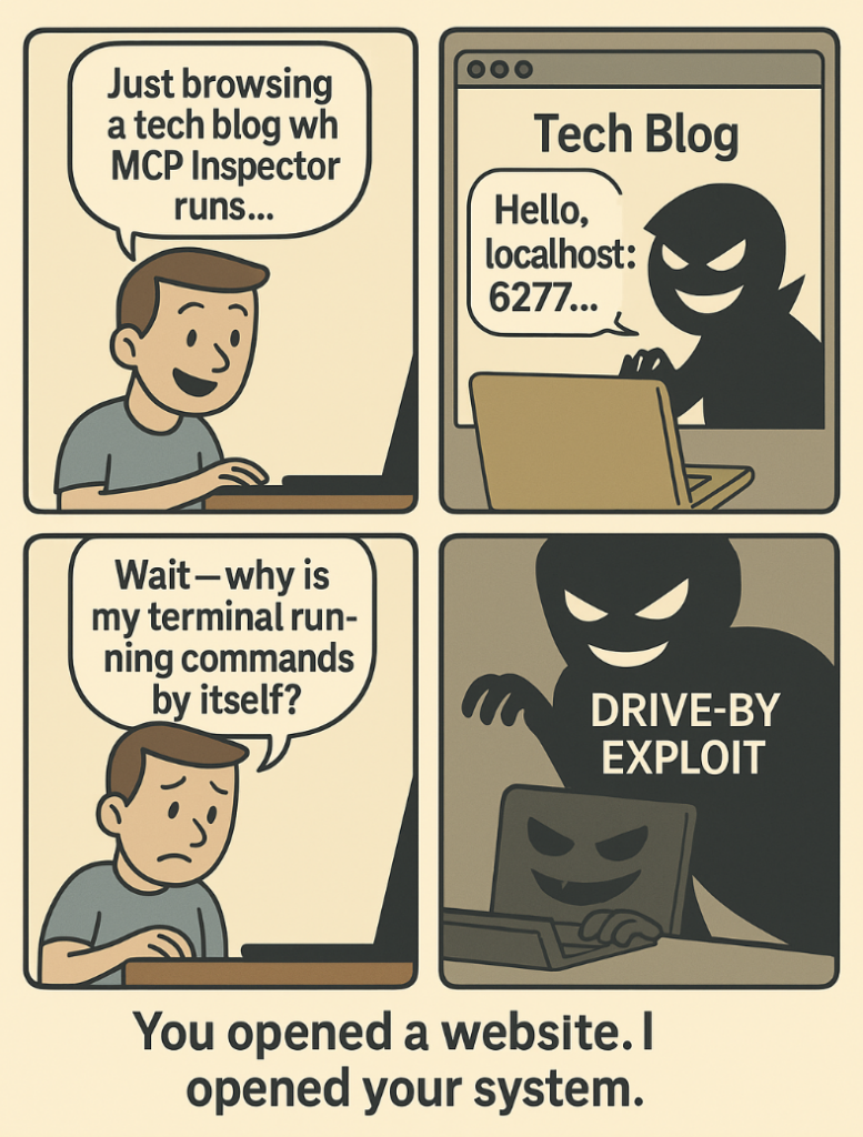 comic depicting the drive-by localhost exploitation attack; when browsing becomes a backdoor
