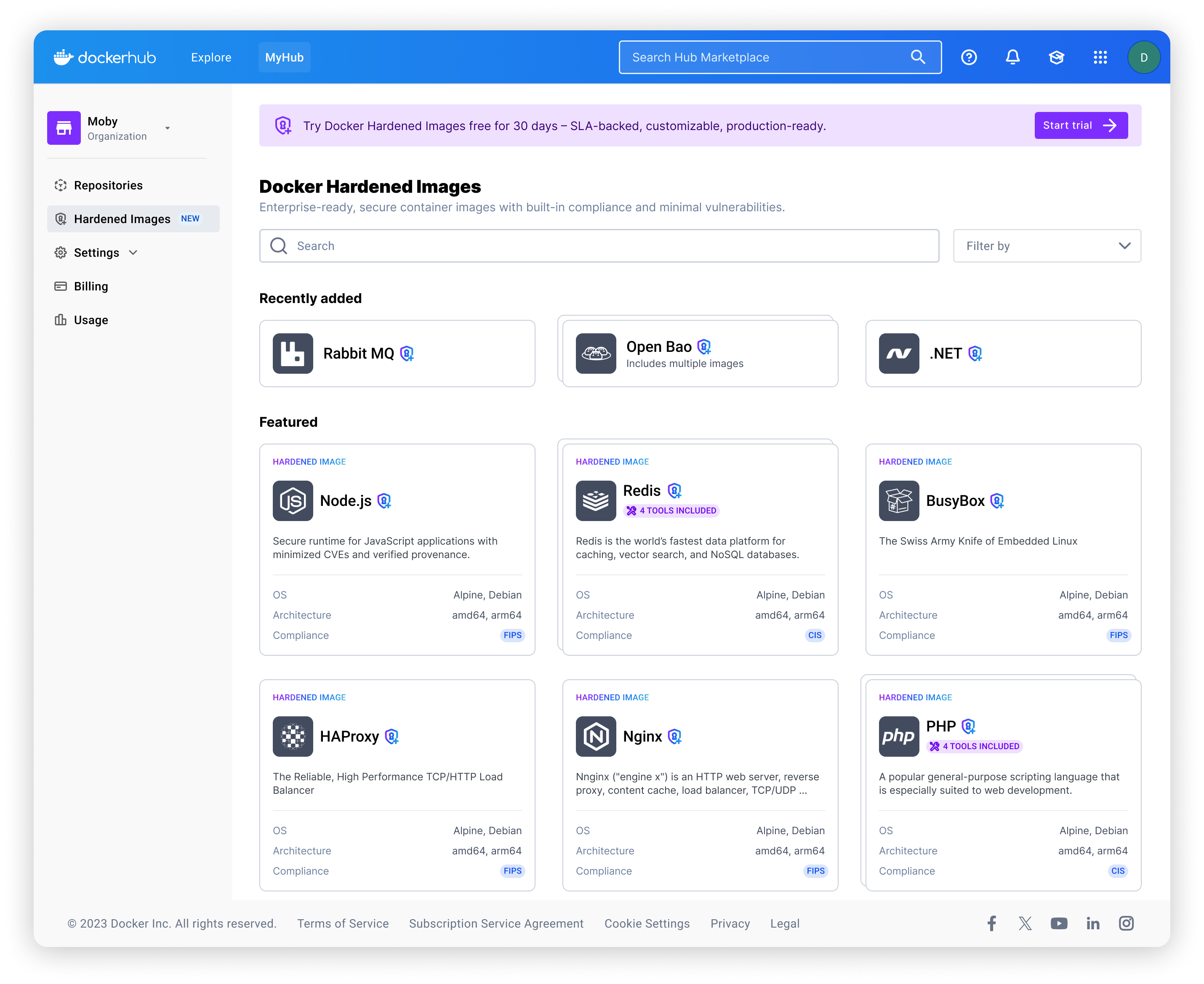 - catalog free trial Docker Hardened Images