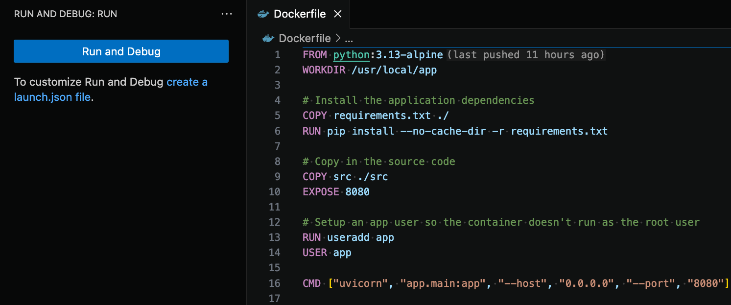 - oct2025 blog 01 Visual Studio Code's Run and Debug panel is displayed on the left and a Dockerfile for a Python application is opened in the editor to the right.