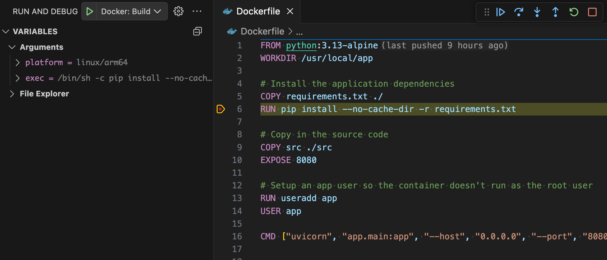 - oct2025 blog 02 Visual Studio Code's Run and Debug view showing the Variables panel with information about the currently paused build. A Dockerfile for a Python application is opened on the right hand side.