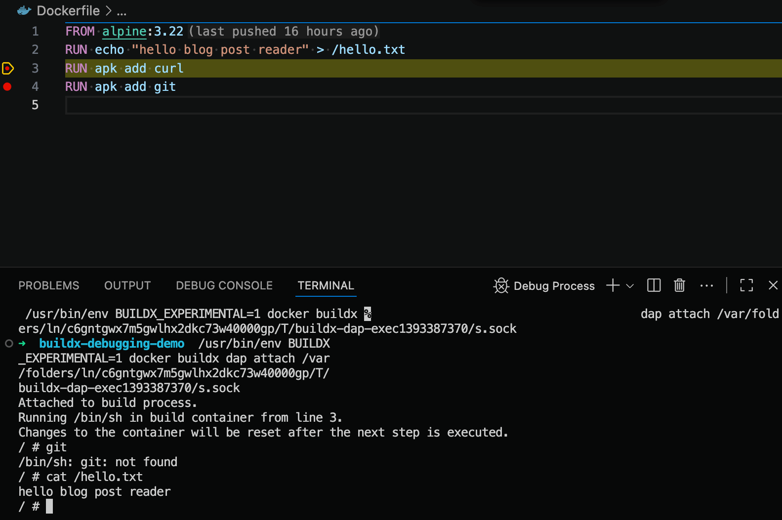 - oct2025 blog 06 Terminal pane opened in Visual Studio Code showing a shell inside the Docker image being built.