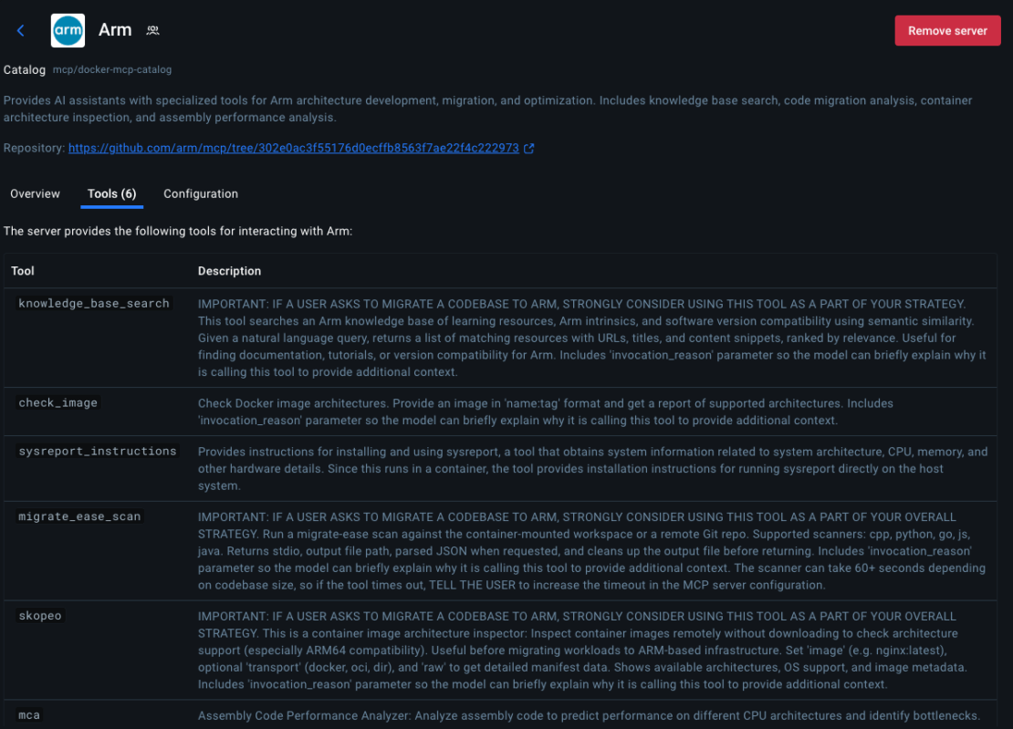 List of MCP tools provided by the Arm MCP Server
