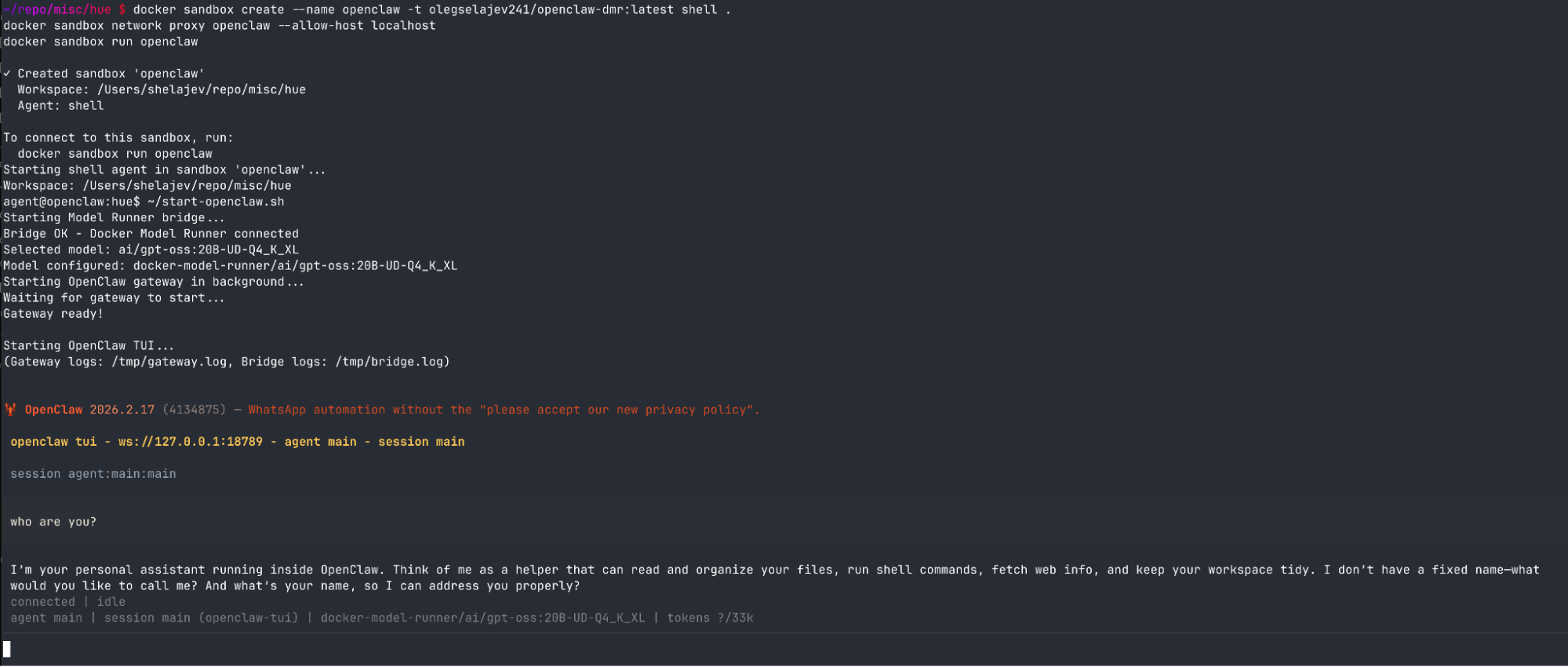 Running OpenClaw inside a Docker Sandbox
