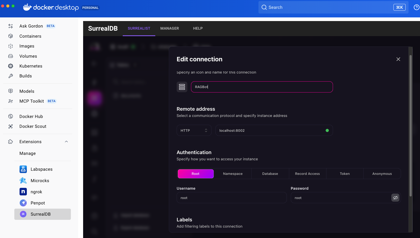 Connecting to SurrealDB through Docker Desktop Extension