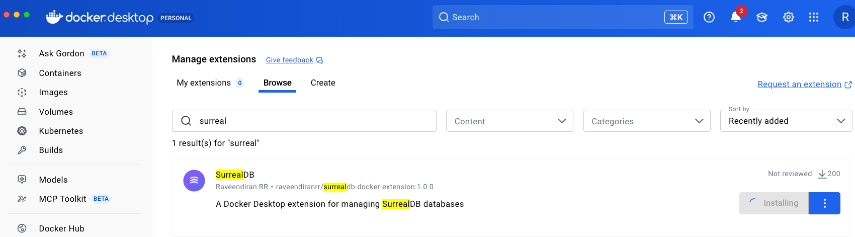 Installing SurrealDB in Docker Desktop extensions