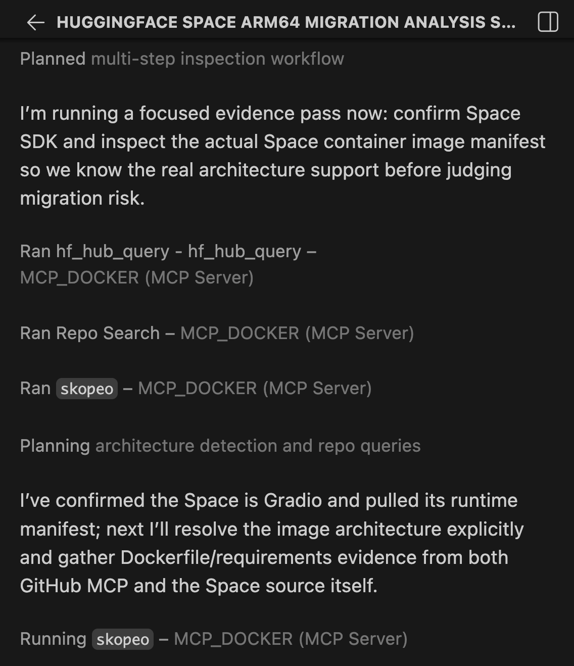 GitHub Copilot uses HuggingFace MCP to discover the Space and identify its SDK type.