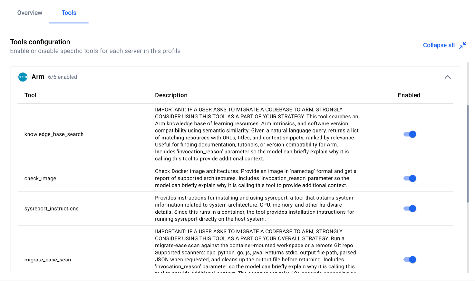 List of MCP tools provided by the Arm MCP Server