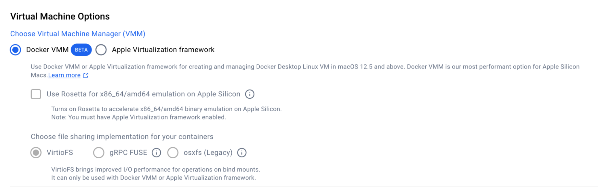 Feature Flag for Docker VMM in Settings 