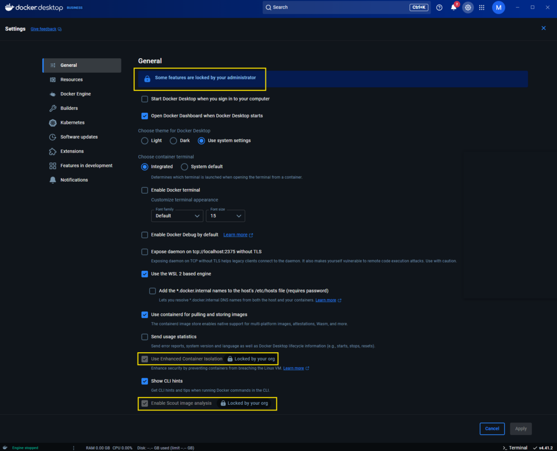 Docker Desktop の設定がロックされています
