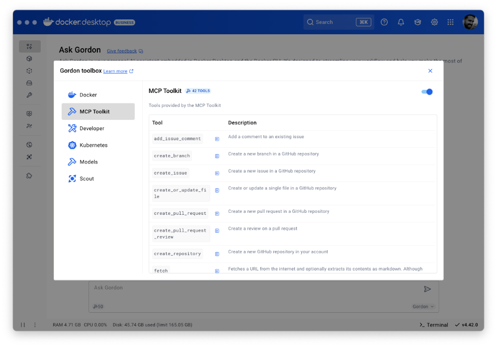 Gordon MCP ツールキット MCP Toolkit を操作する Gordon のスクリーンショット