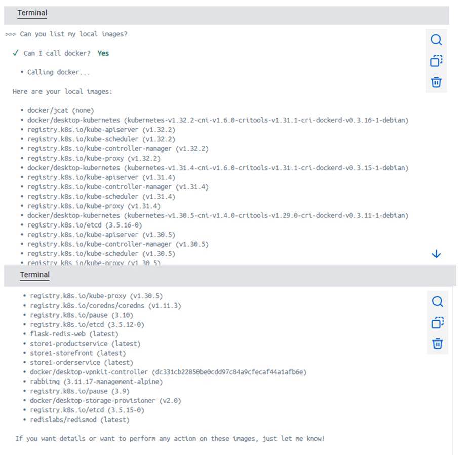 Output showing local Docker images in terminal via Docker AI.