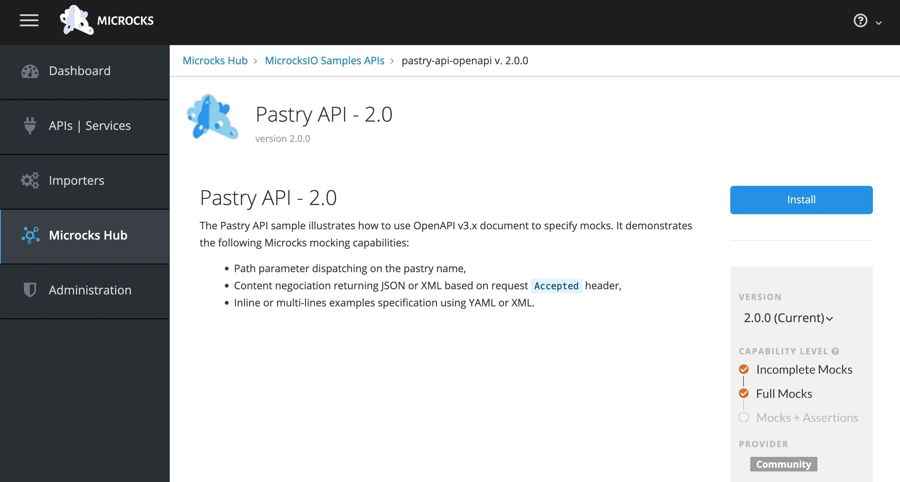 - PastryAPI Screenshot of the Pastry API 2.0 page on Microcks Hub with option to install.