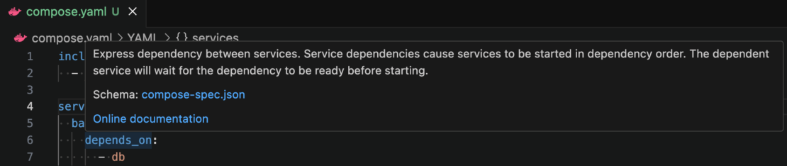エディタで開いた Compose ファイルには、スキーマ ドキュメントとオンライン ドキュメントへのリンクが記載されたツールチップが表示されます。