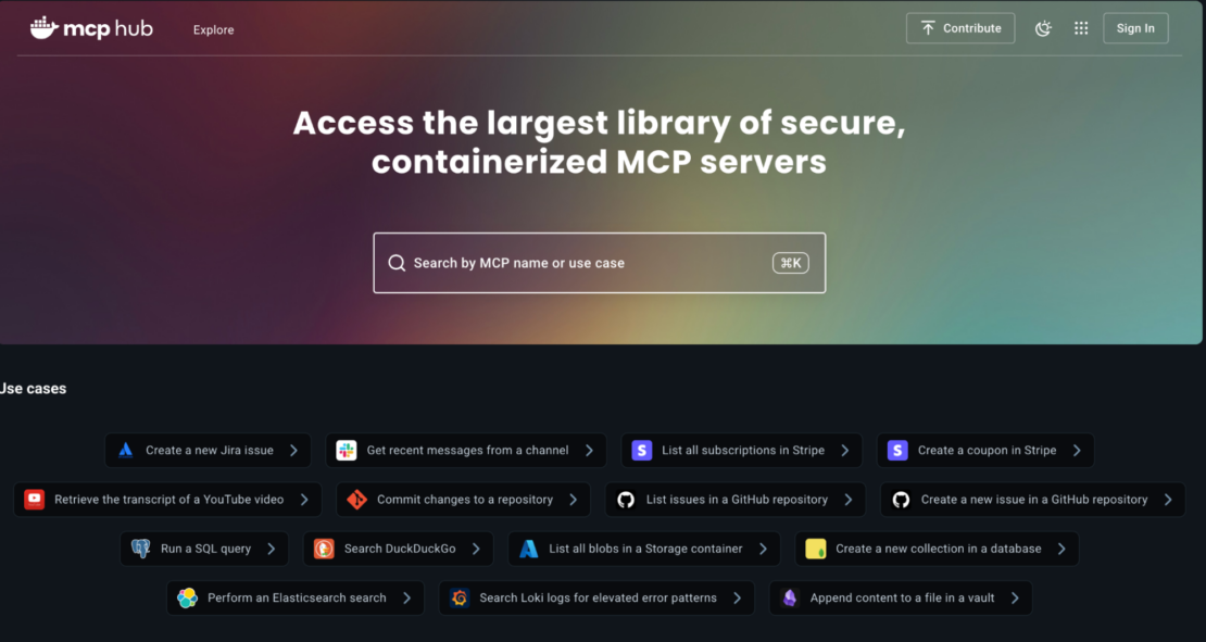 フィルタリングおよび検索ツールを使用して、分類され、コンテナ化されたMCPサーバーを表示するDocker Hubのインターフェイス。