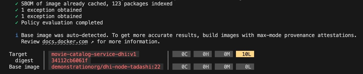- dhi Figure3 Docker Scout cli quickview output for dhi-node:22 based movie-catalog-service image