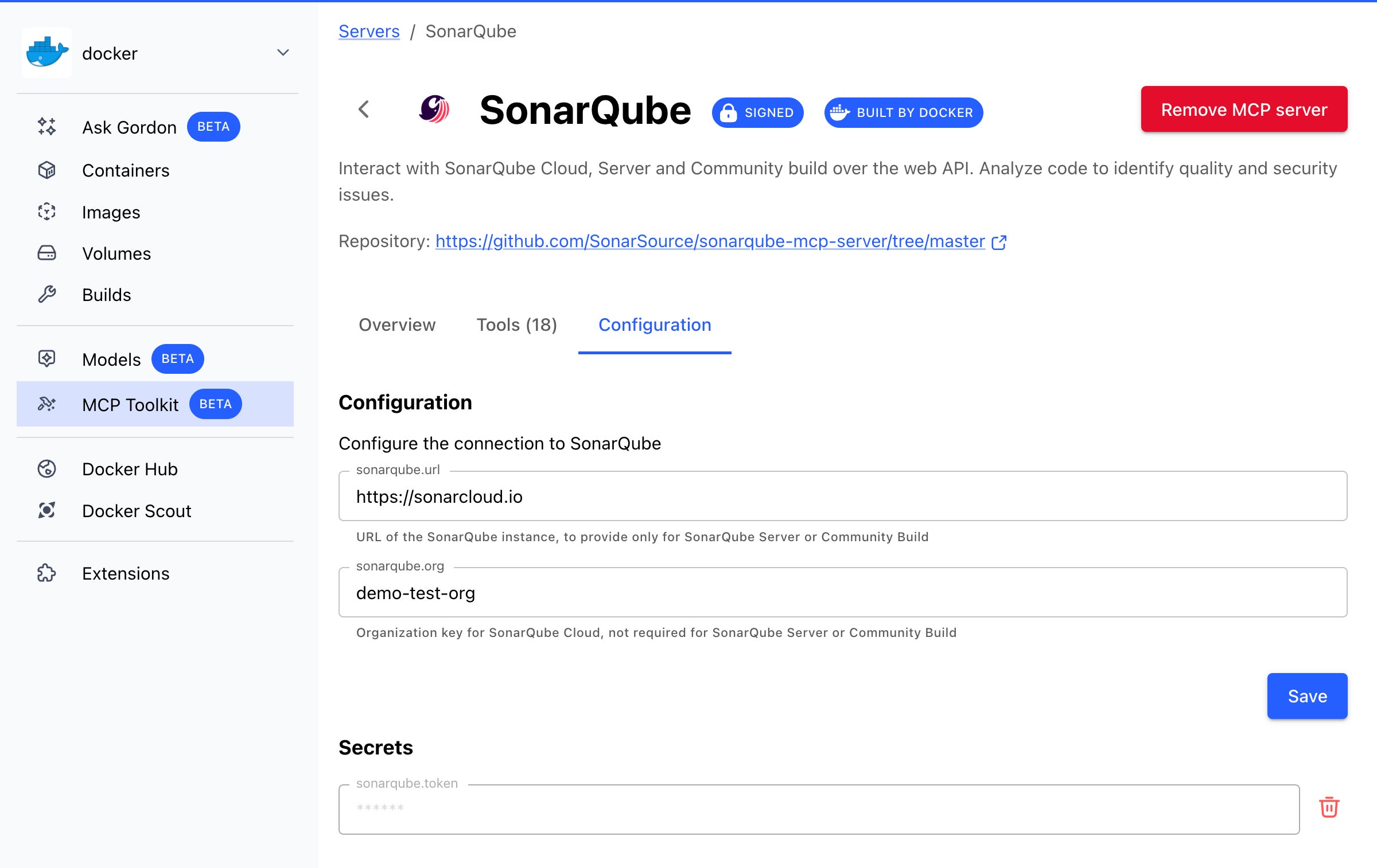 SonarQube MCP settings in the Docker Desktop MCP Toolkit