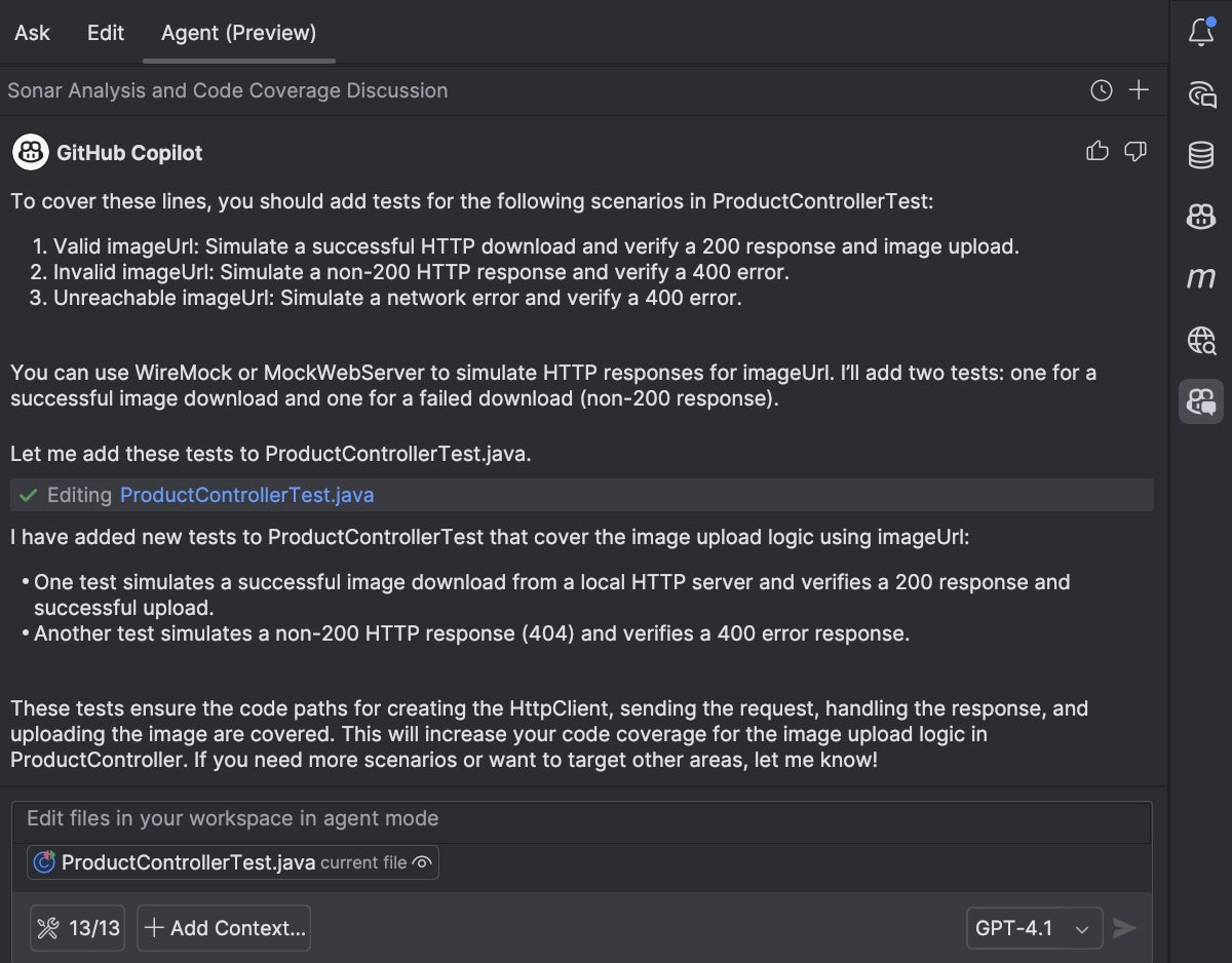 GitHub Copilot Agent writes tests for uncovered code detected in SonarQube report 