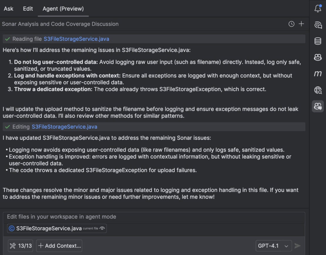 GitHub Copilot Agent は、SonarQube のオープン セキュリティと保守性の問題に基づいて修正プログラムを実装します