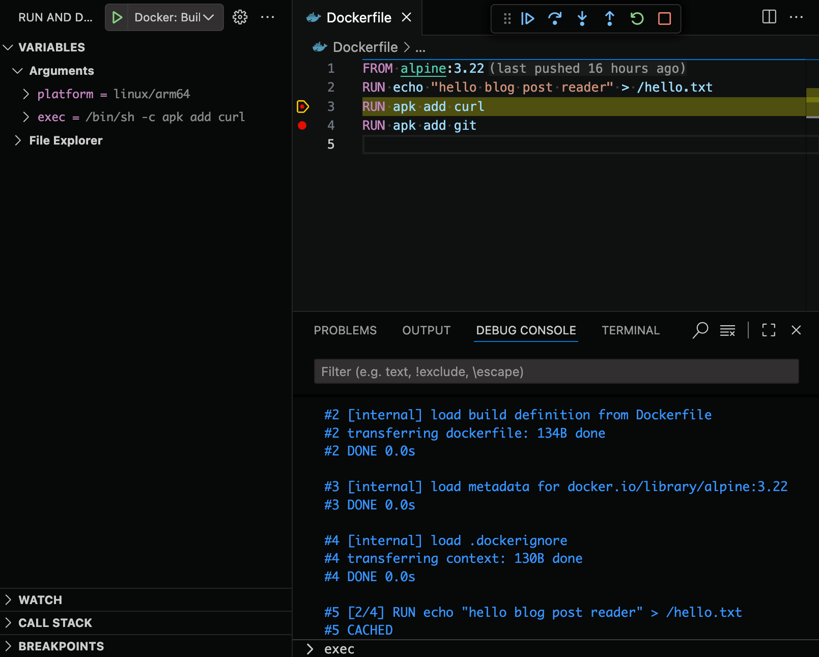 - 10月2025 ブログ 05 Visual Studio Code で Docker ビルドが中断されました。デバッグコンソールが開き、コンソールの入力フィールドに「exec」という単語が入力されました。