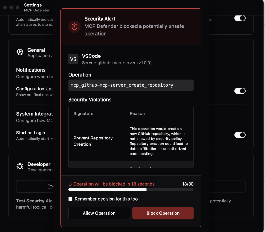 MCP Defender がセキュリティ違反を検出する