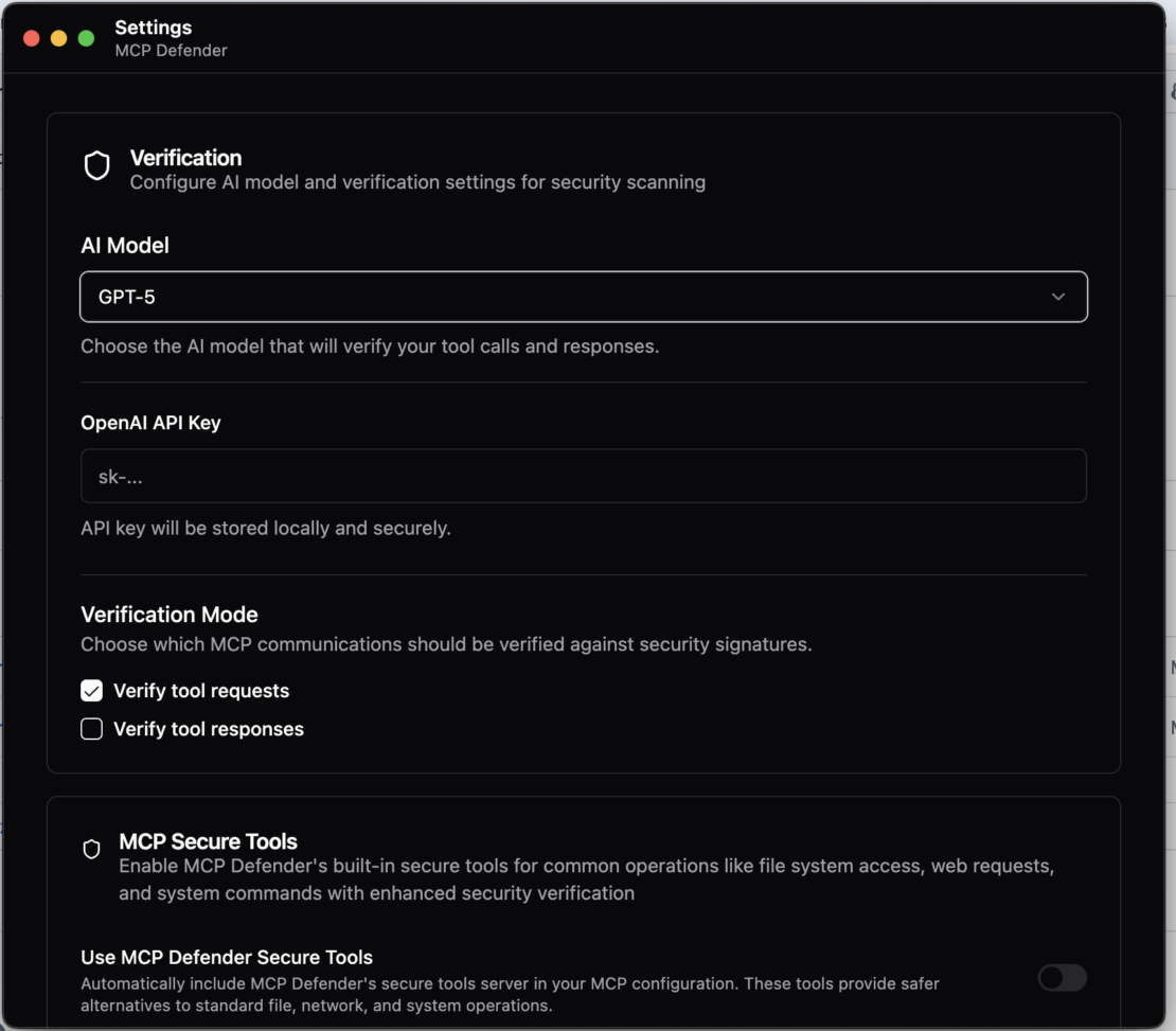 MCP Defender の LLM を活用した検証エンジン (GPT-5) は、ツールのリクエストと応答をリアルタイムで分析します