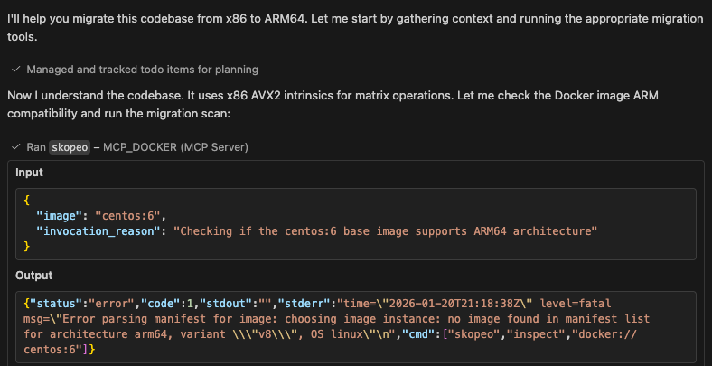 GitHub CopilotはArm MCPサーバーのskopeoツールを使ってcentos:6 ベース画像を解析しています