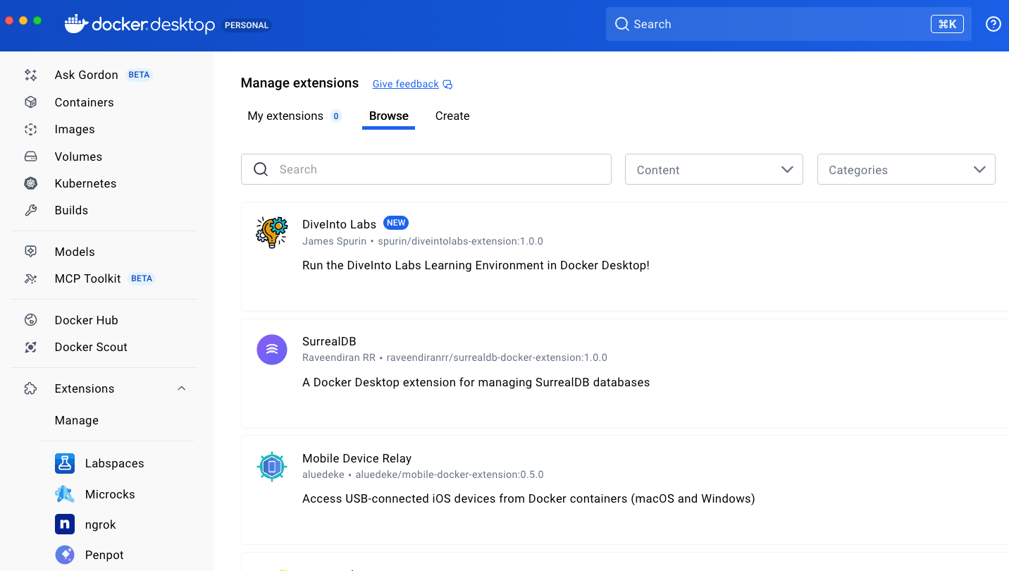 Docker Desktop ブラウズ拡張