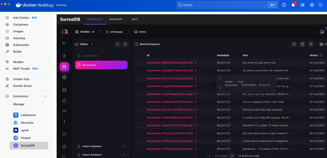 SurrealDBにベクトルとして格納されたデータ