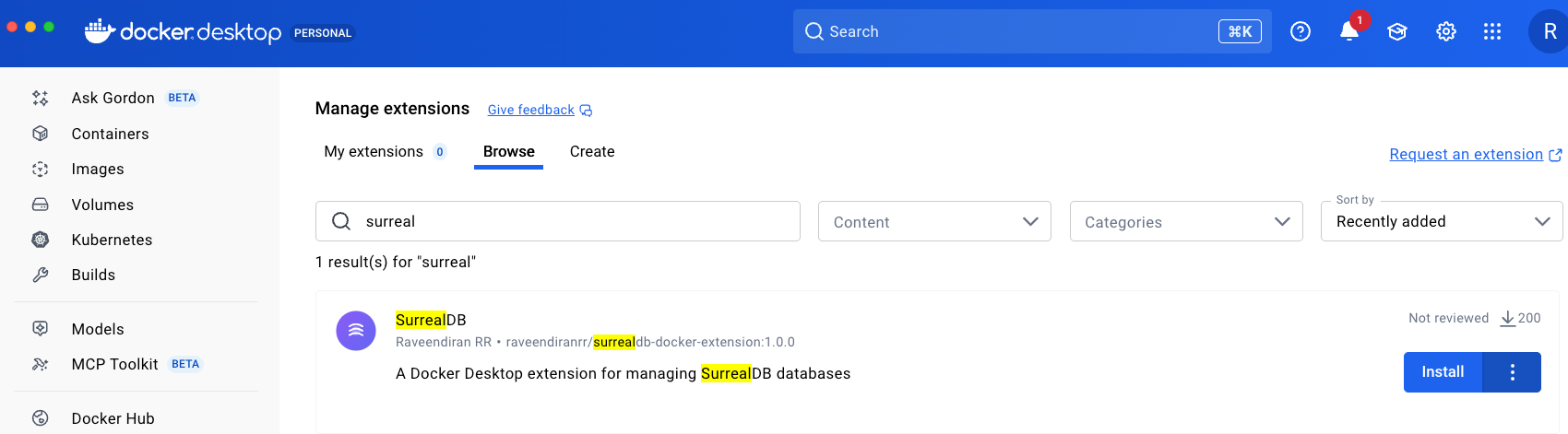 Docker Desktop 拡張機能における SurrealDB