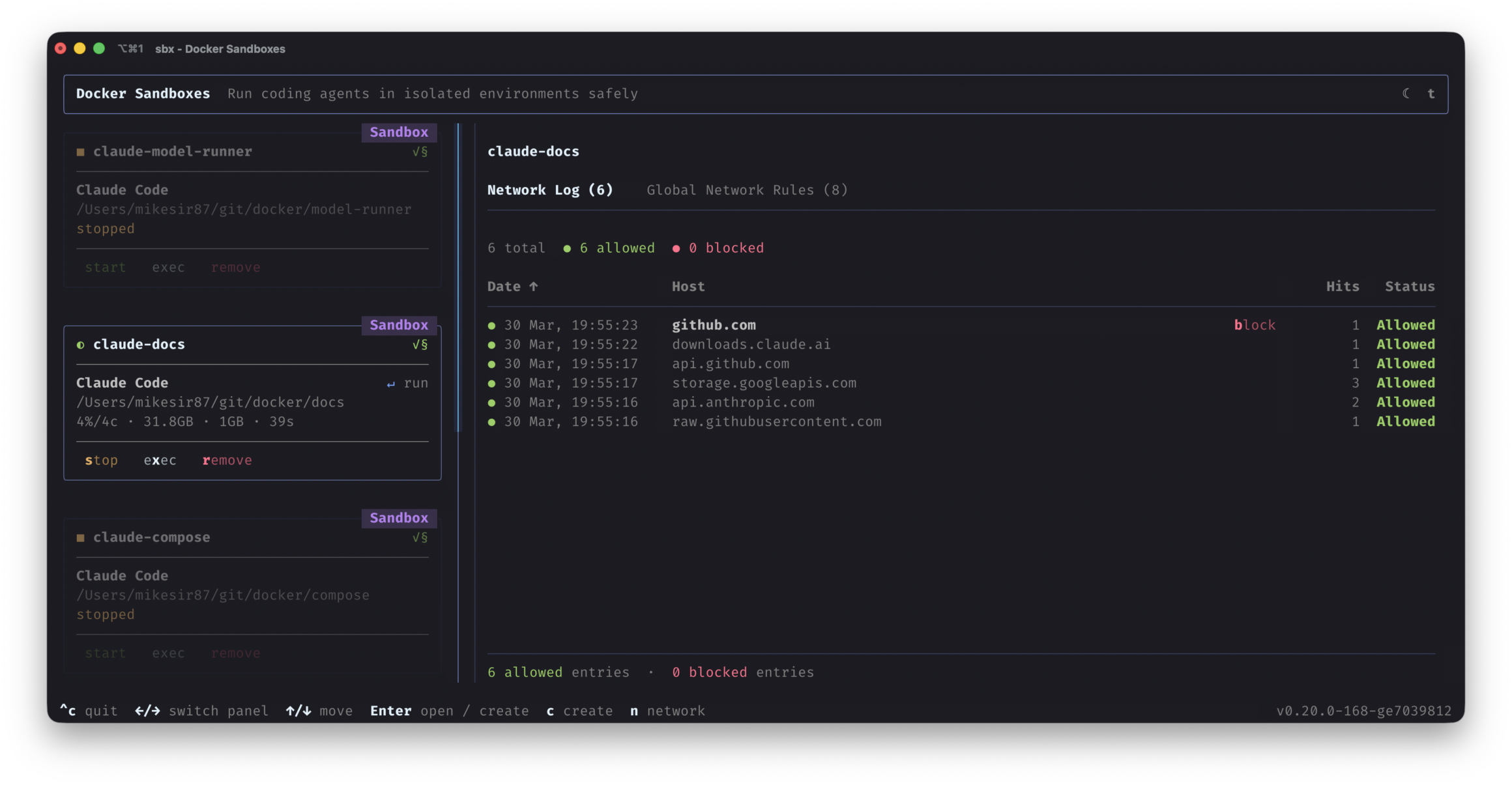 Docker Sandboxes エージェント ワークスペース