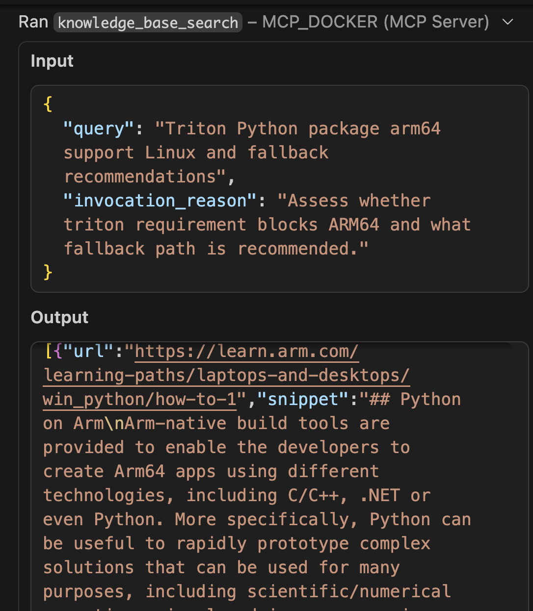 GitHub Copilot uses the knowledge_base_search tool to find Docker buildx multi-arch strategies from learn.arm.com.