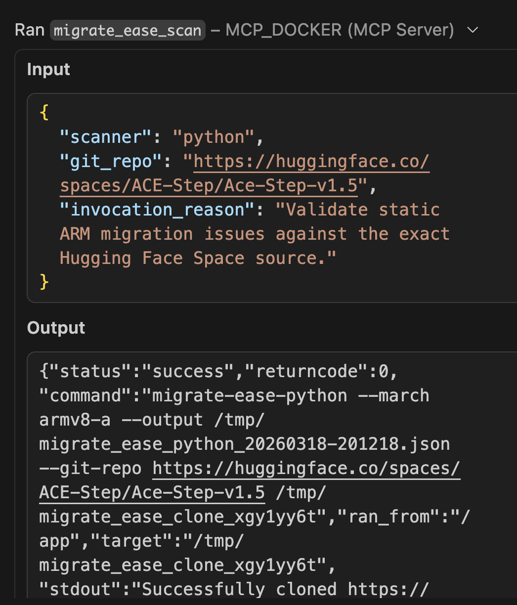 The migrate_ease_scan tool analyzes the Python source code and finds zero x86-specific dependencies. No intrinsics, no hardcoded paths, no architecture-locked libraries.